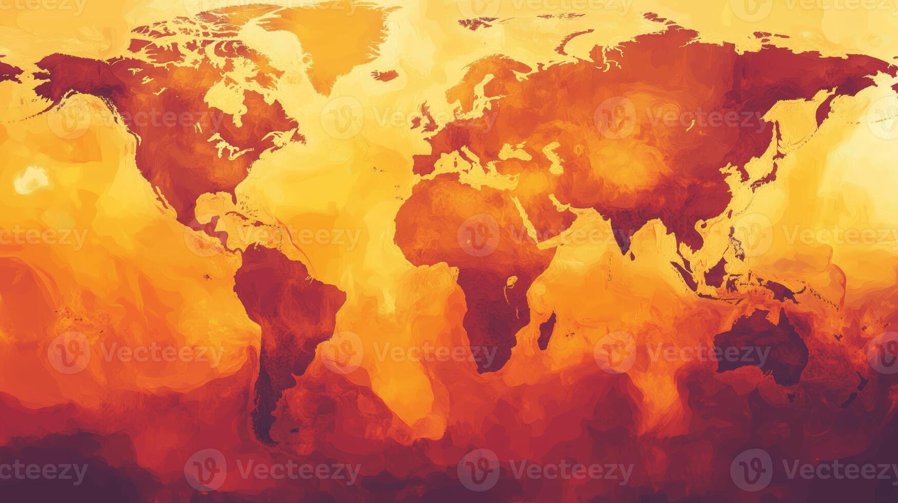 A vibrant world map illustration showcasing colors of red, orange, and yellow for an artistic interpretation of global heat or climate change photo