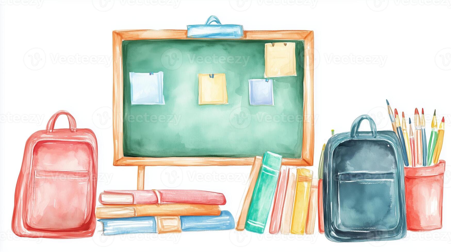 Watercolor illustration of school supplies, backpacks, and a chalkboard in a bright learning environment photo