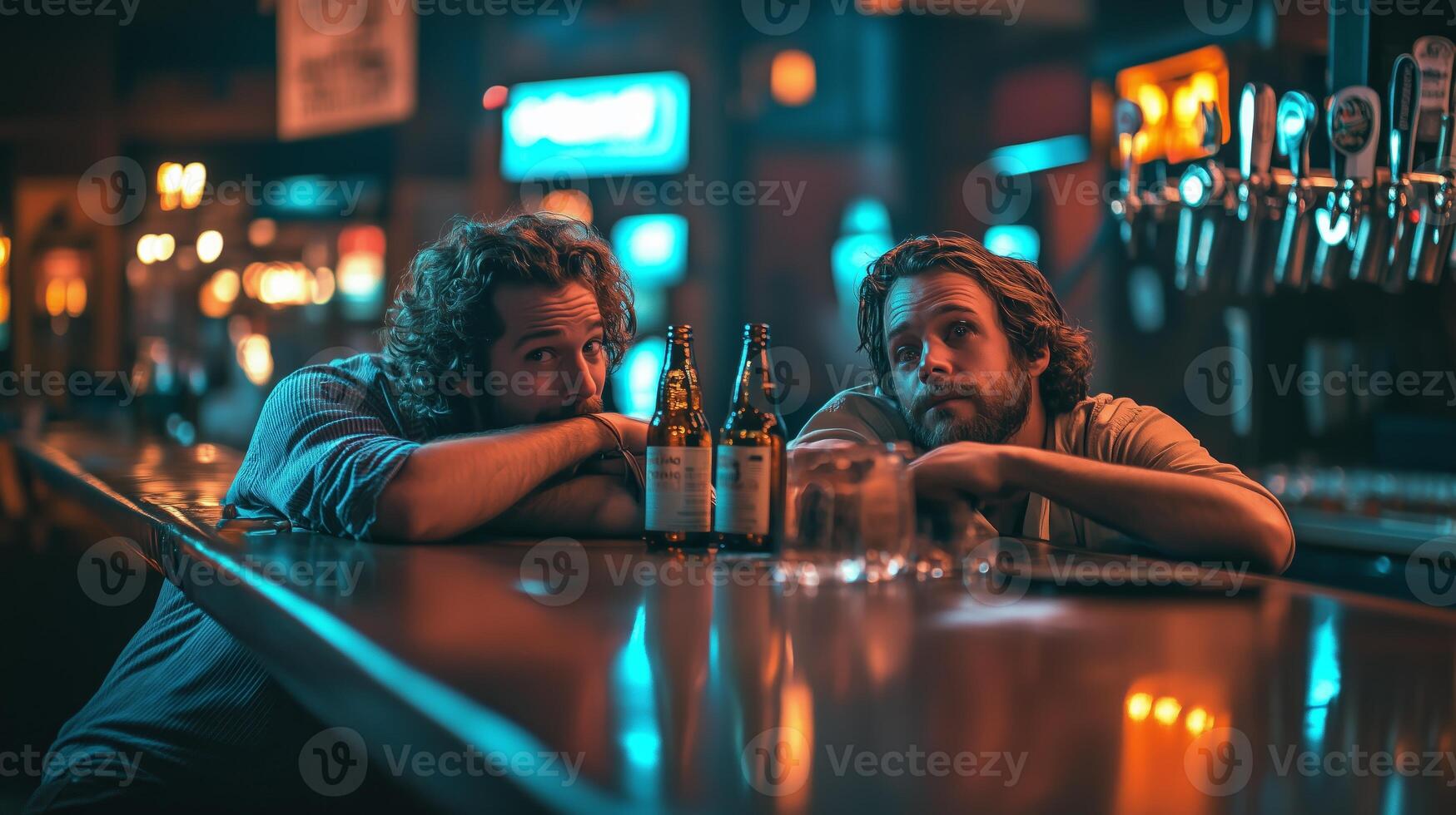Two friends relaxing at a dimly lit bar while enjoying drinks and conversation during a nighttime outing photo
