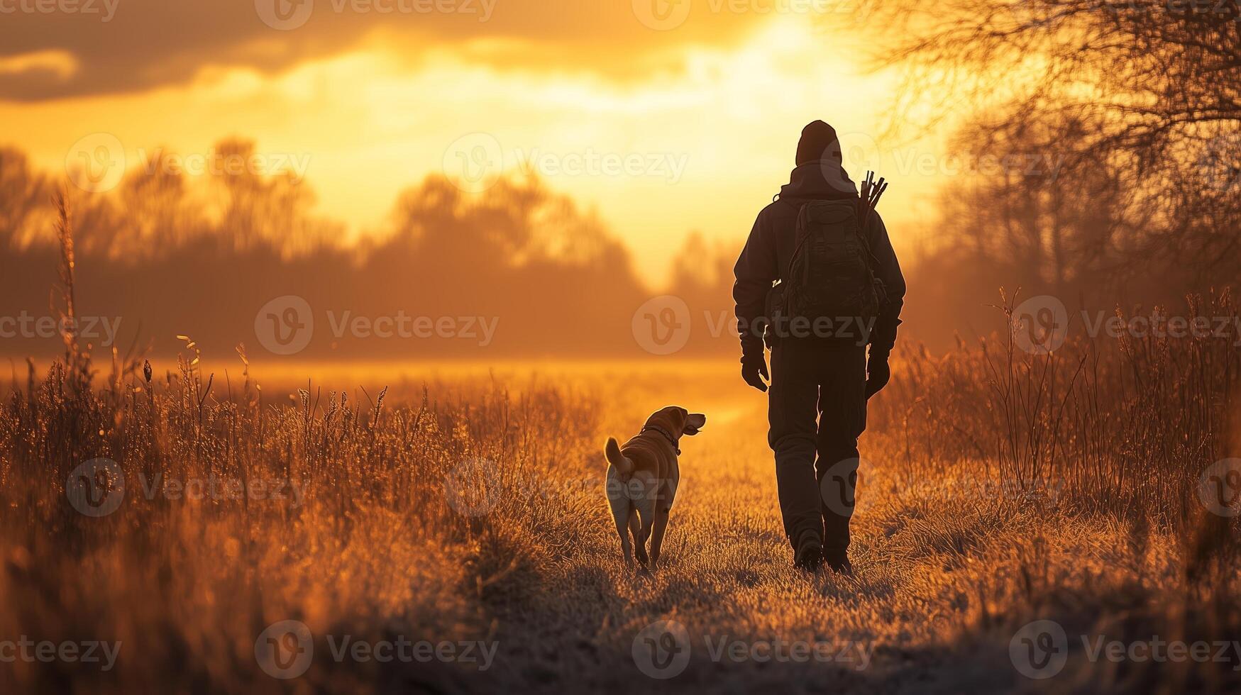 A peaceful evening walk with a dog in a tranquil field during sunset, showcasing nature's beauty and companionship photo