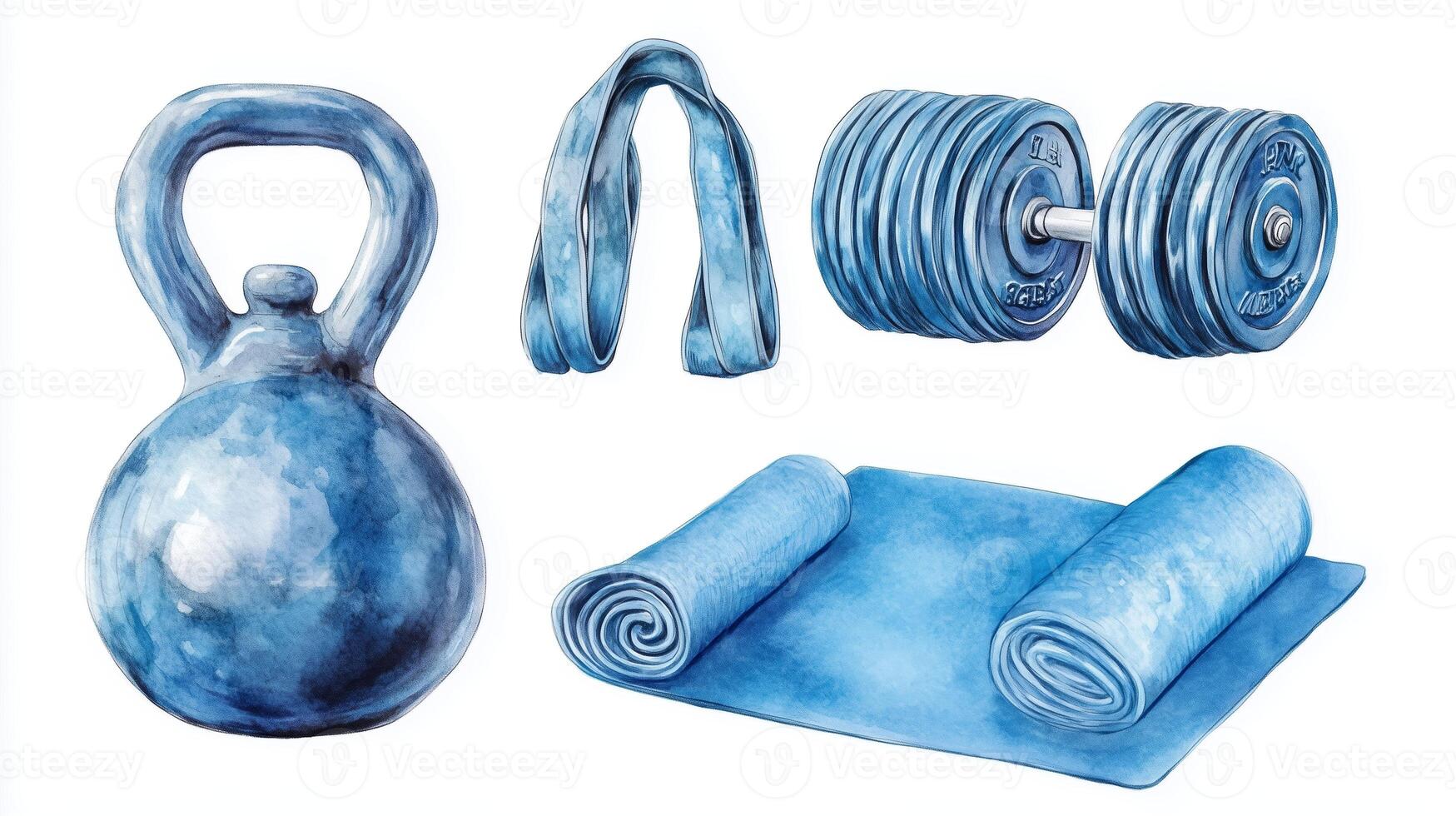 Exercise equipment including kettlebell, resistance bands, dumbbells, and yoga mats in various shades of blue displayed on a white background photo