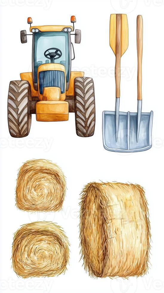A yellow tractor, hay bales, and garden tools arranged for farm work on a sunny day photo