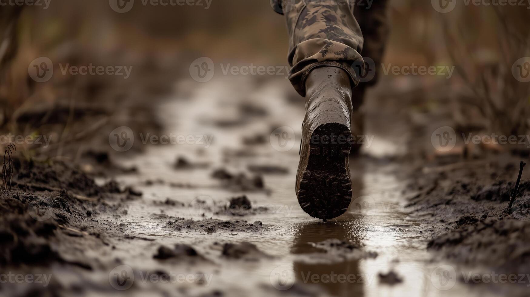 Mud-covered boots walking along a muddy trail in a rural area during autumn with fallen leaves scattered around photo