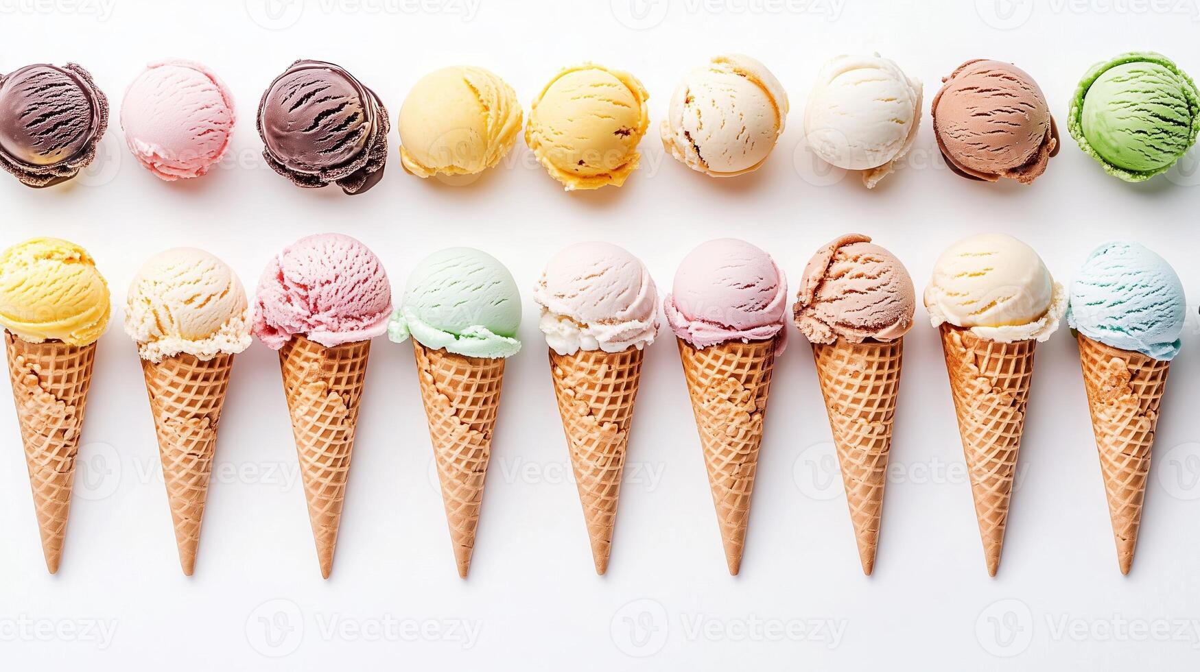 Colorful assortment of ice cream cones arranged neatly on a white background, showcasing a variety of flavors and textures photo