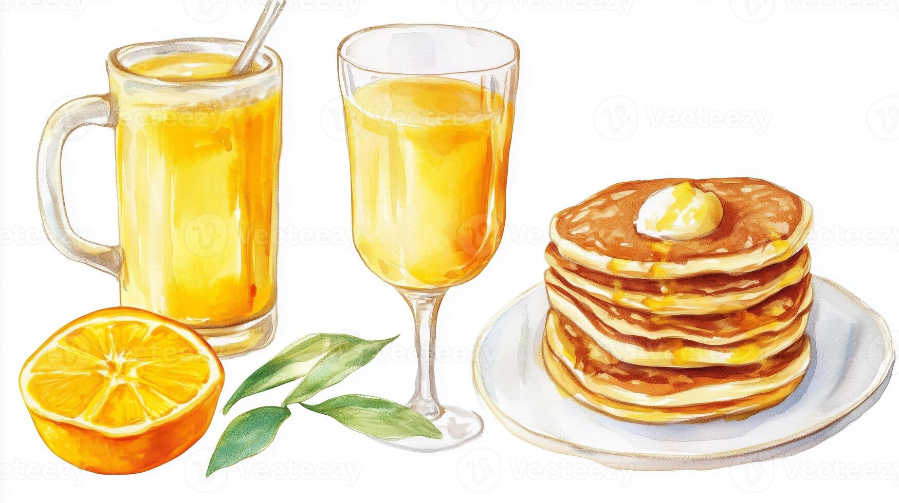 Delicious pancakes topped with butter served alongside refreshing orange juice and sliced oranges on a bright morning photo