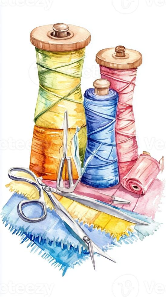 Colorful sewing threads and scissors on fabric in a creative workspace for crafting photo