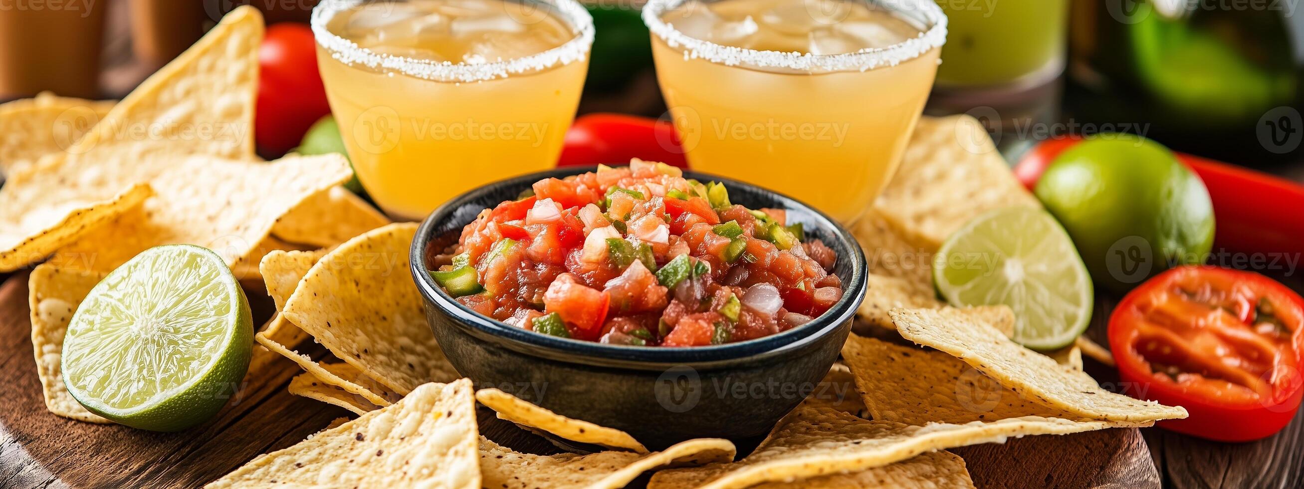 Refreshing drinks and fresh salsa served with crispy tortilla chips on a wooden platter surrounded by vibrant vegetables photo