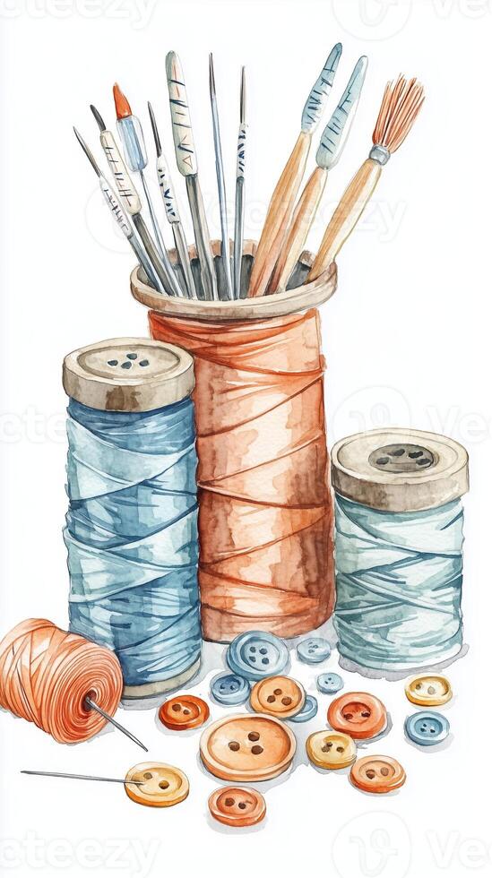 Colorful spools of thread with buttons and painting brushes on a workspace table perfect for crafting and sewing activities photo