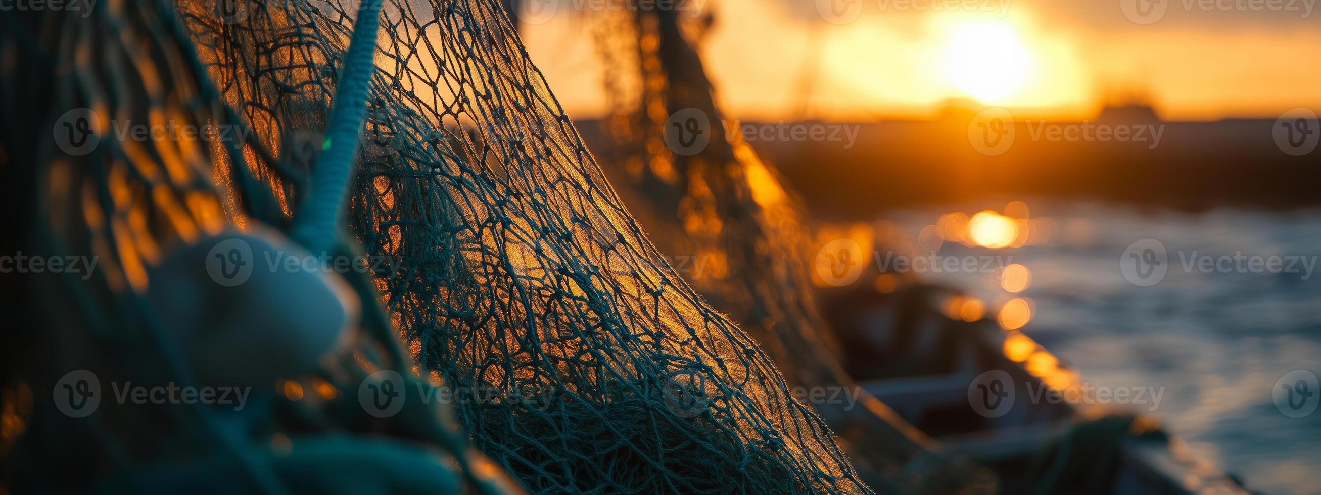Colorful sunset over calm waters with fishing nets casting shadows along the shore in a tranquil coastal setting photo