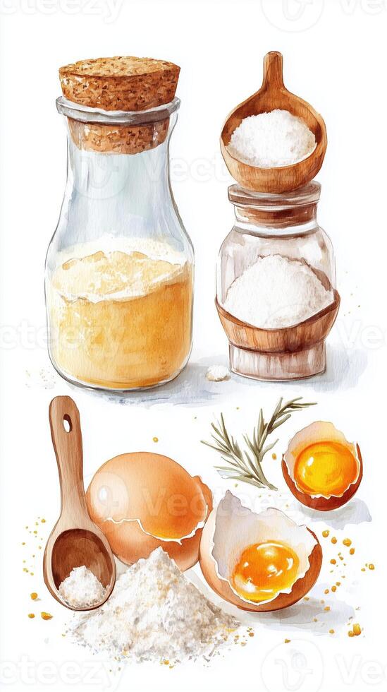 A diverse collection of cooking ingredients organized beautifully, showcasing eggs, flour, salt, and herbs on a clean countertop photo