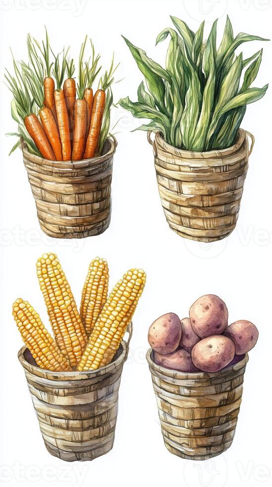 Vegetable harvest displayed in woven baskets featuring carrots, corn, green beans, and potatoes arranged in a rustic manner photo