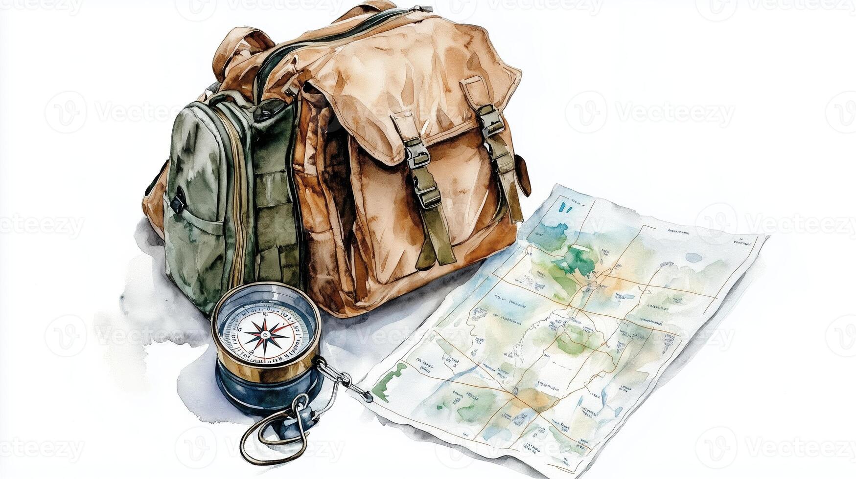 A well-used backpack rests beside an open map and compass, ready for adventure in a serene outdoor setting photo
