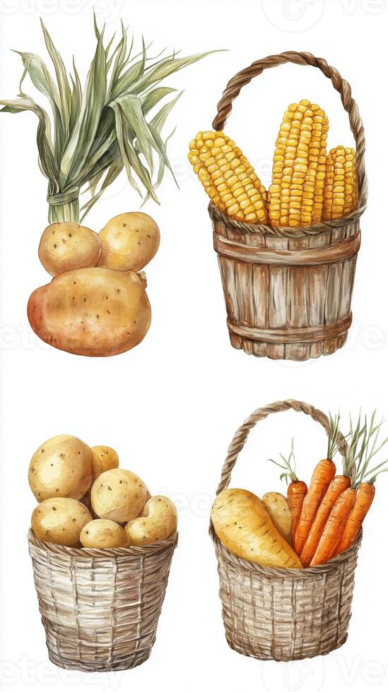 Freshly harvested vegetables in woven baskets showcasing potatoes, corn, and carrots in a rustic style photo