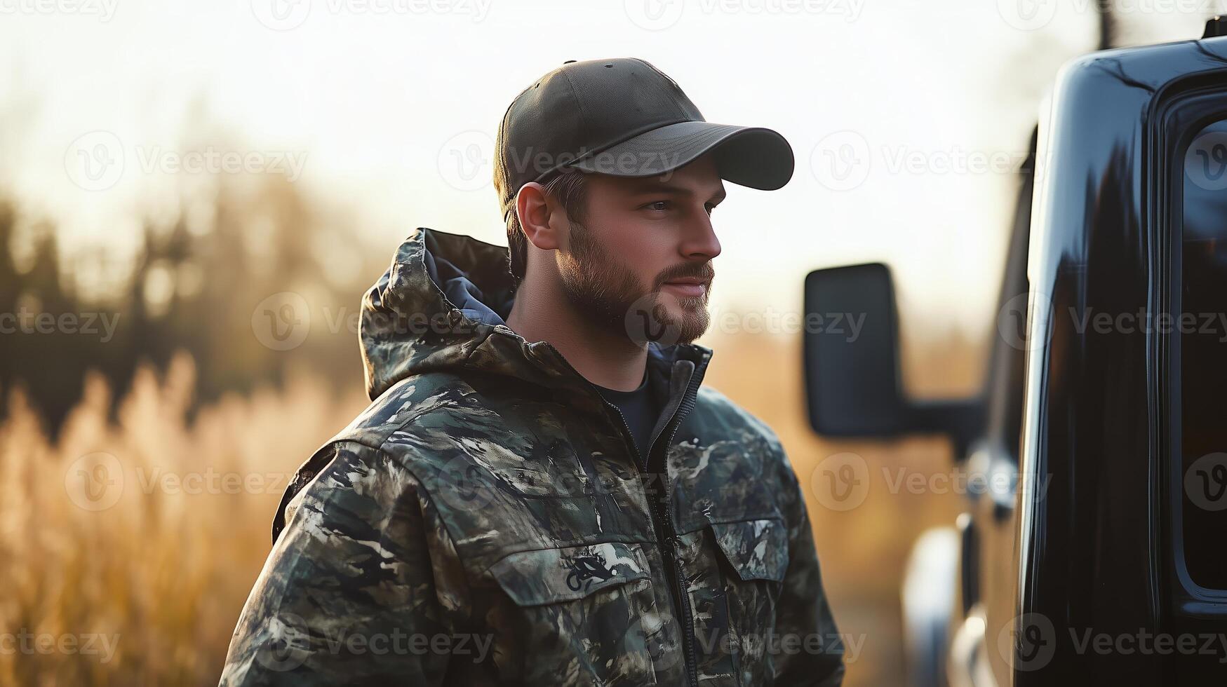 A calm autumn morning with a hunter in camouflage gear next to a truck in a serene field photo
