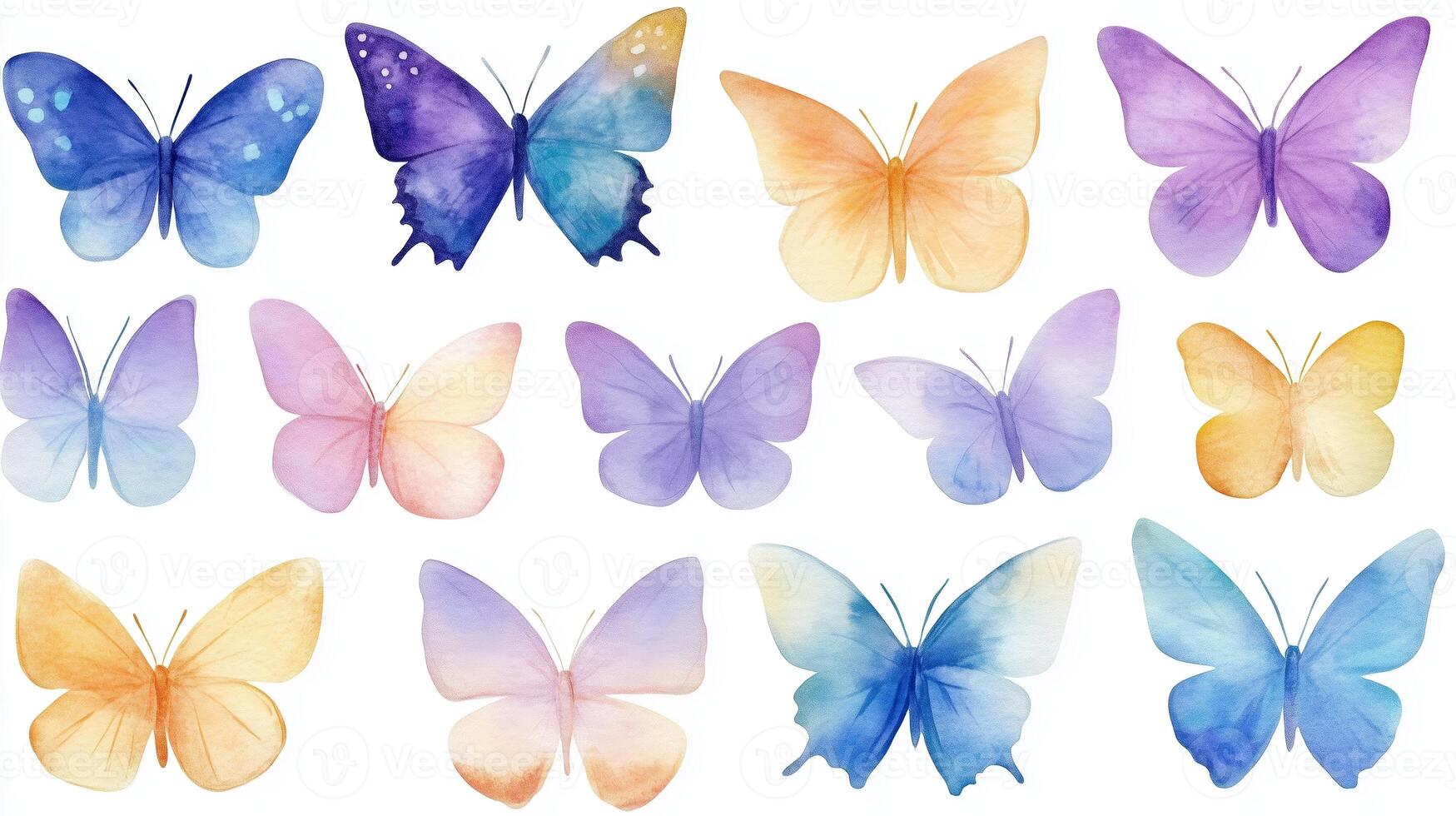 Colorful watercolor butterflies in various shades displayed in a harmonious arrangement, showcasing nature's beauty and grace photo