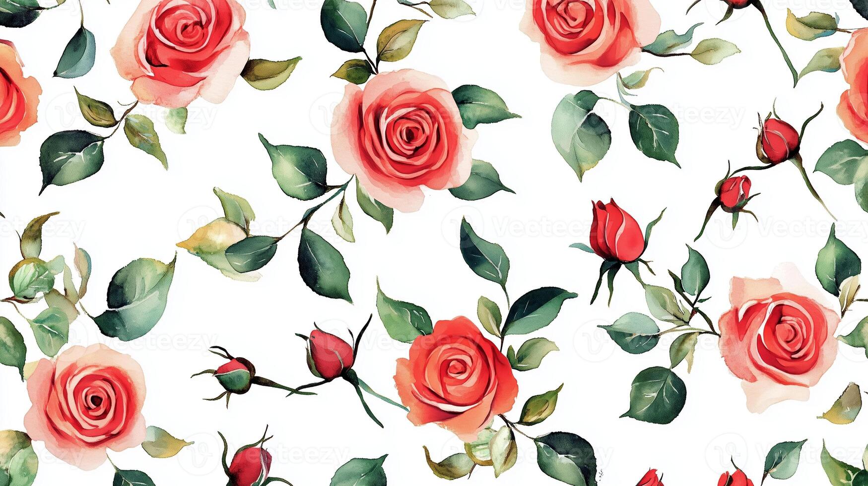 Colorful floral pattern featuring blooming and budding roses with green leaves on a white background in a bright and cheerful design photo