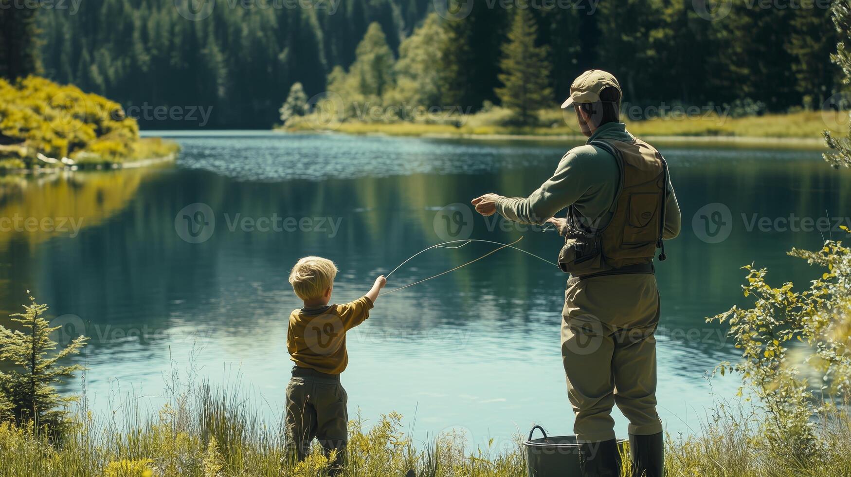 Father and son fishing together by a serene lake surrounded by lush trees on a sunny afternoon in nature photo