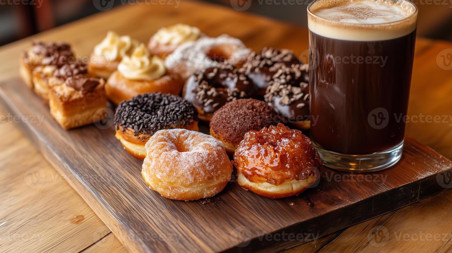 A tempting assortment of freshly baked donuts paired with a rich coffee on a wooden table during brunch photo