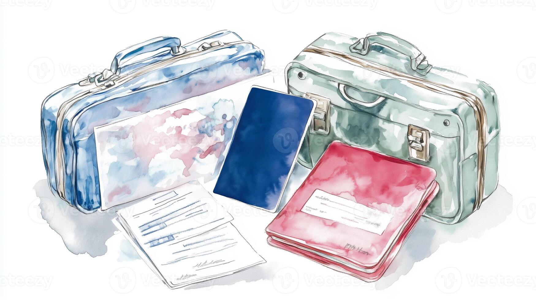 Colorful travel bags with documents and a passport displayed on a white background, suggesting adventure planning and organization photo