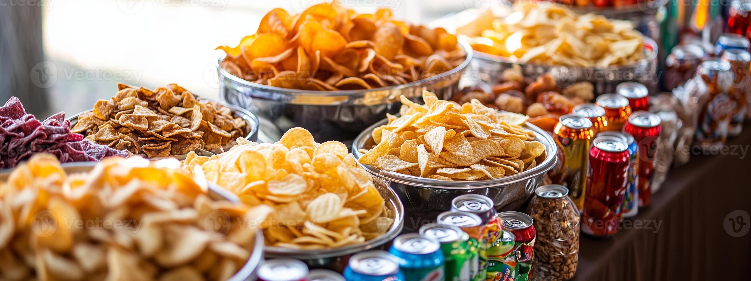 A vibrant display of assorted crispy snacks and soda cans at a festive market during a sunny afternoon in the local community photo