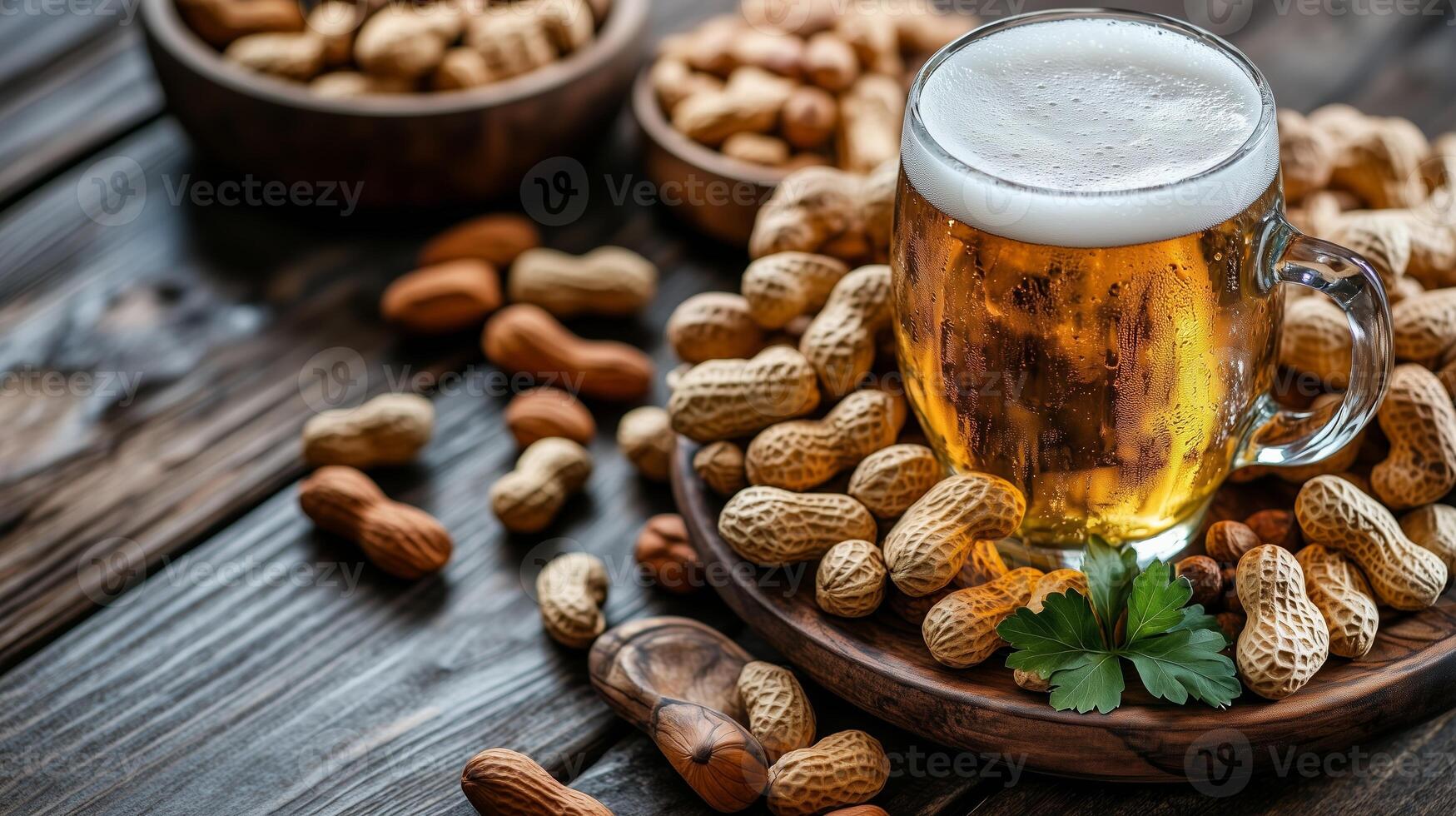 Freshly poured beer in a glass mug surrounded by roasted peanuts on a rustic wooden table photo