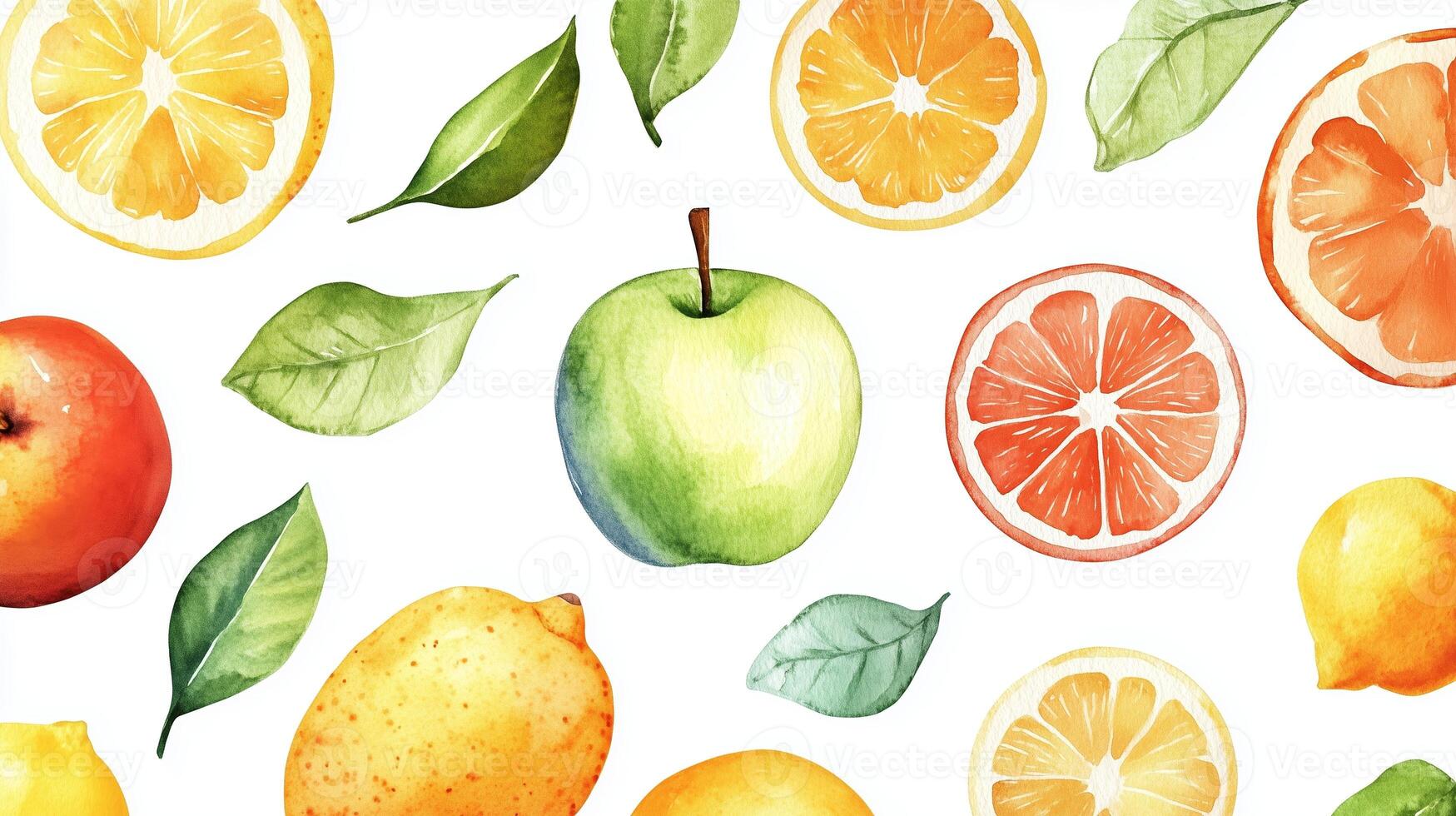 A vibrant arrangement of various fruits including lemons, oranges, and an apple on a white background showcasing their colors and textures photo