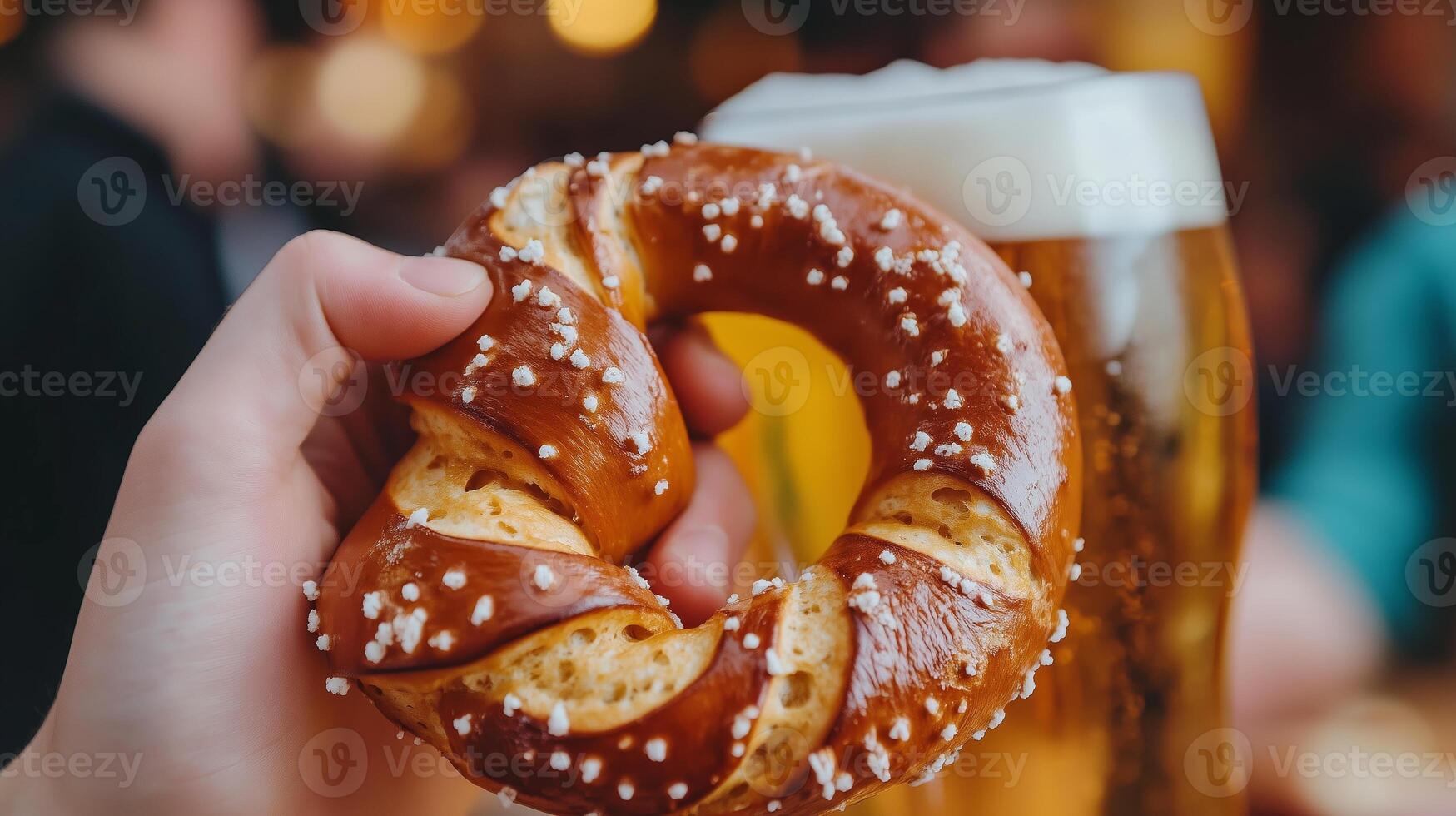 Enjoying a freshly baked pretzel paired with a tall glass of beer in a lively pub atmosphere on a weekend evening photo