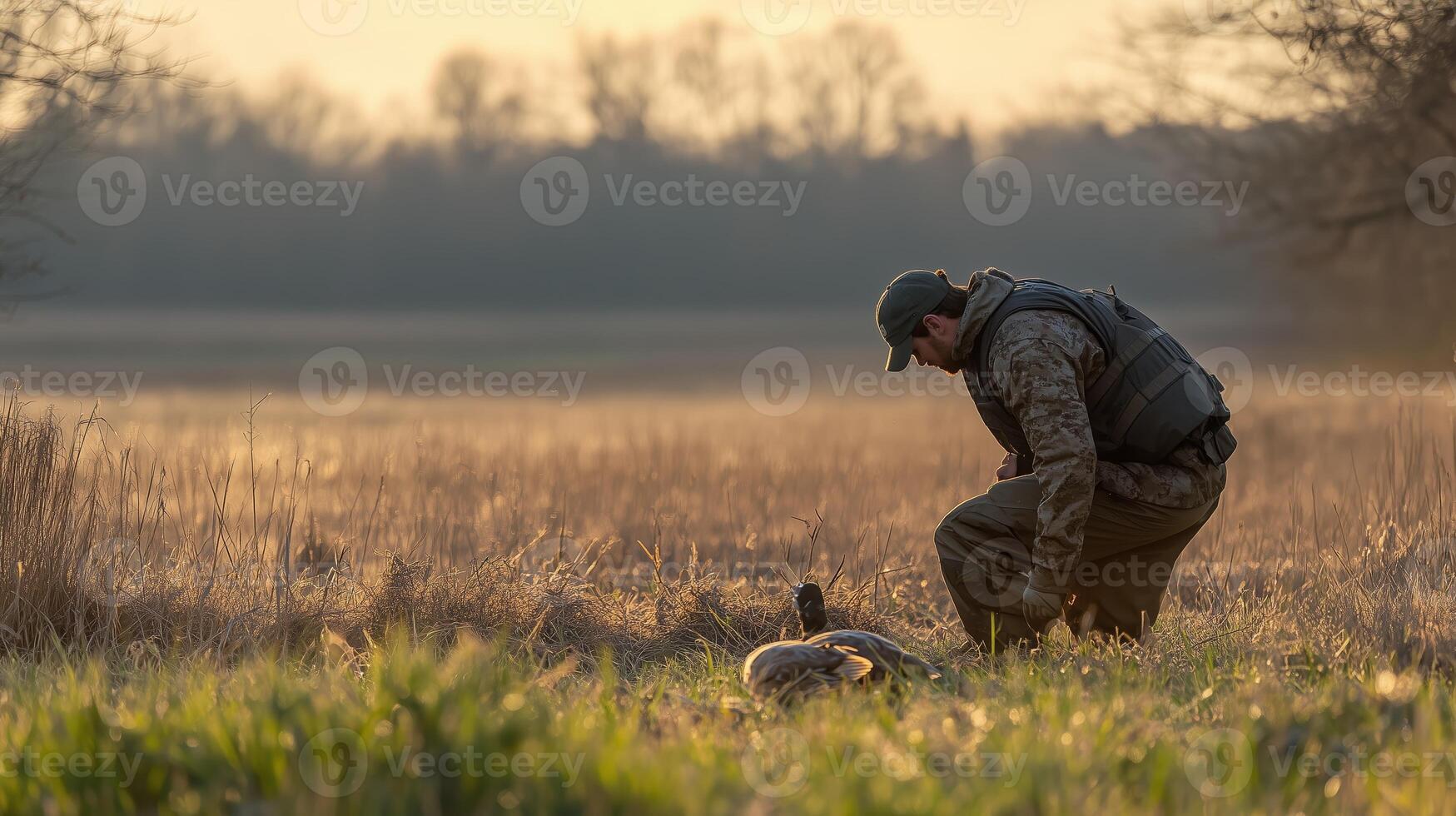 Hunter kneels in a grassy field at sunset, examining a freshly caught game in a serene natural setting photo