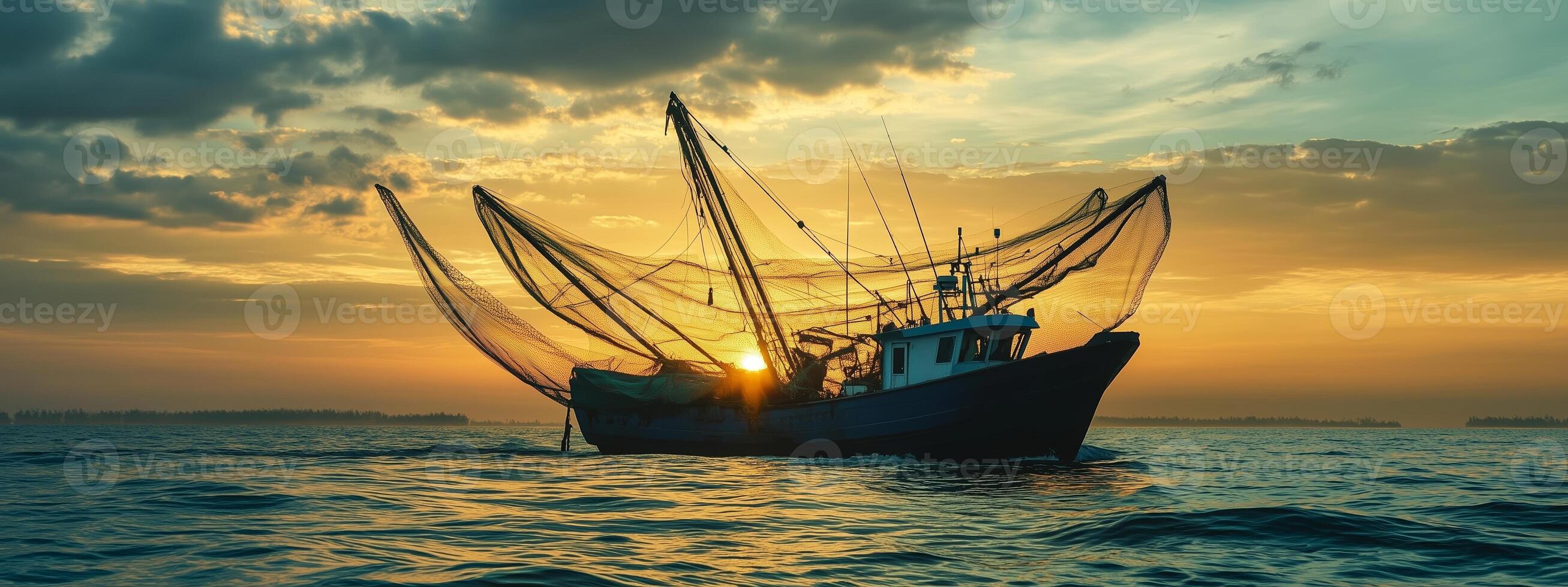Fishing boat casting nets during sunset on the open sea, showcasing the daily life of fishermen in tranquil waters photo