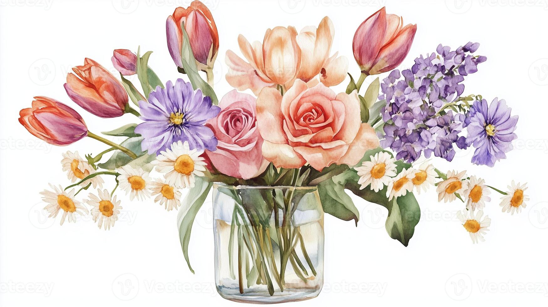 A vibrant bouquet of pink roses, purple lilacs, and tulips in a glass vase set against a light background photo