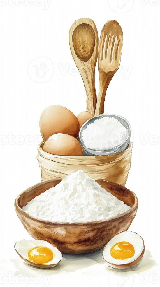 Ingredients for baking displayed in a rustic setting focusing on eggs, flour, and wooden utensils alongside cracked eggs photo