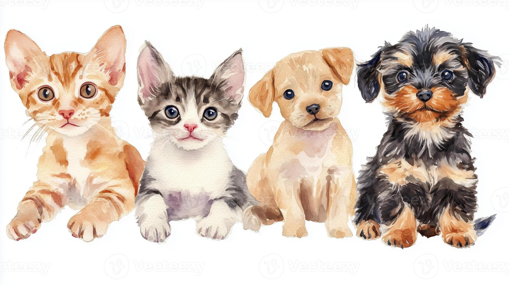 Adorable kittens and puppies sitting together, showcasing their unique personalities in a playful arrangement photo