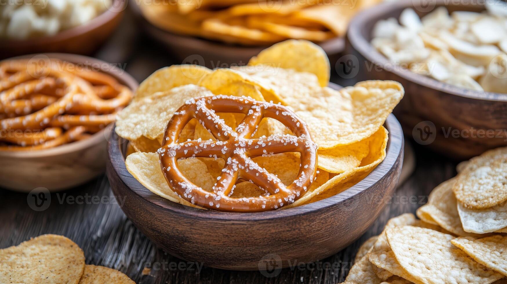 A delicious assortment of snacks in wooden bowls ideal for a casual gathering or game night photo
