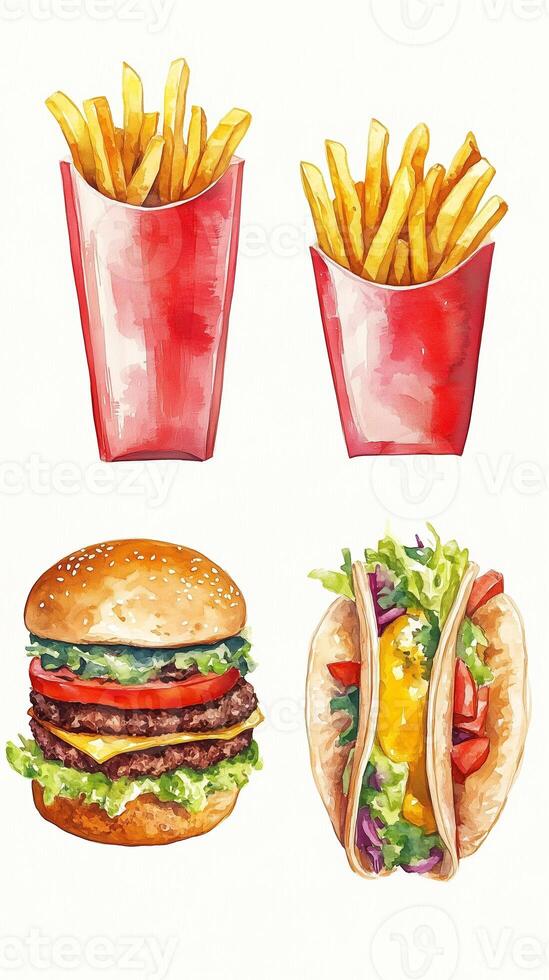 Colorful illustration of fast food items including burgers, fries, and tacos with a vibrant and appetizing design photo