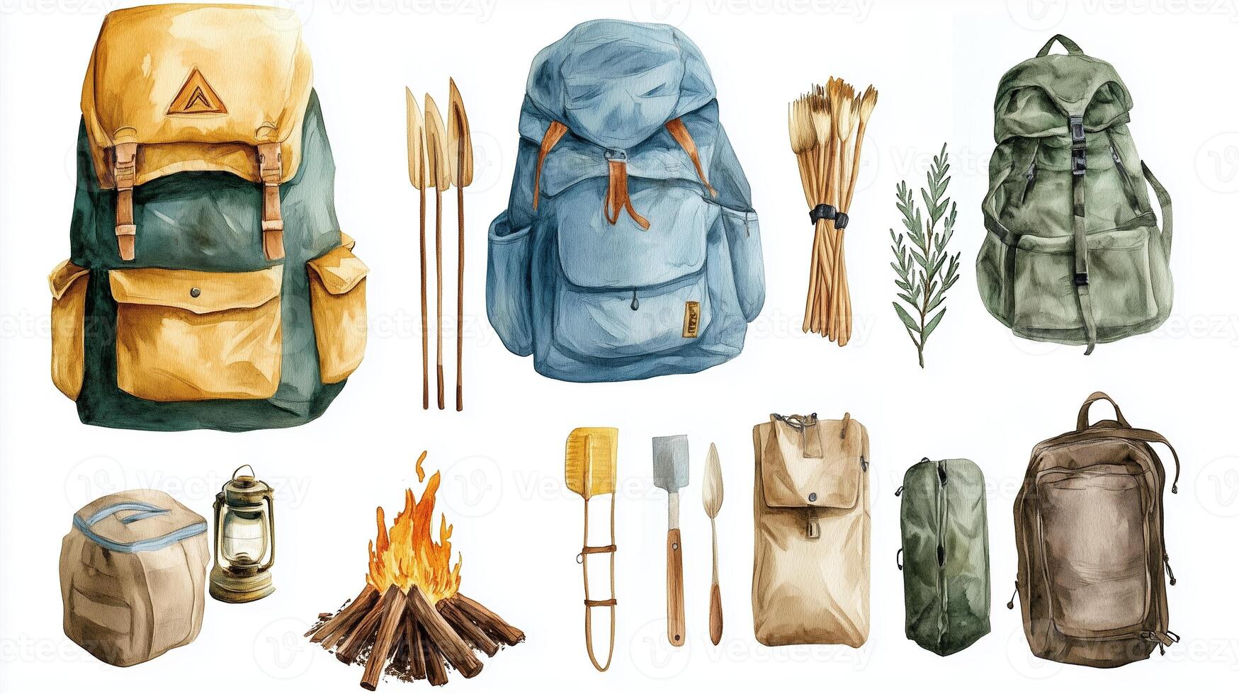 Collection of camping gear including backpacks, firewood, and tools arranged on a white background, perfect for outdoor enthusiasts photo