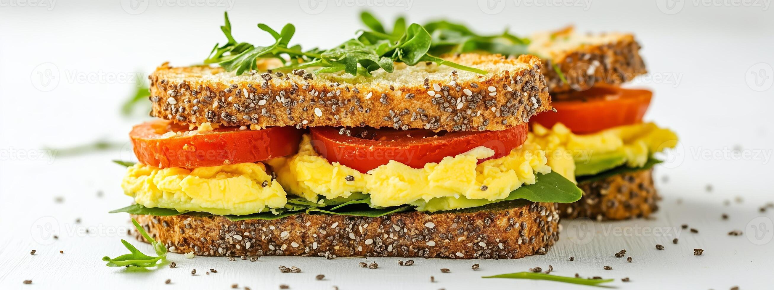 A delicious breakfast sandwich with scrambled eggs, fresh tomatoes, and spinach on whole grain bread served on a light background photo