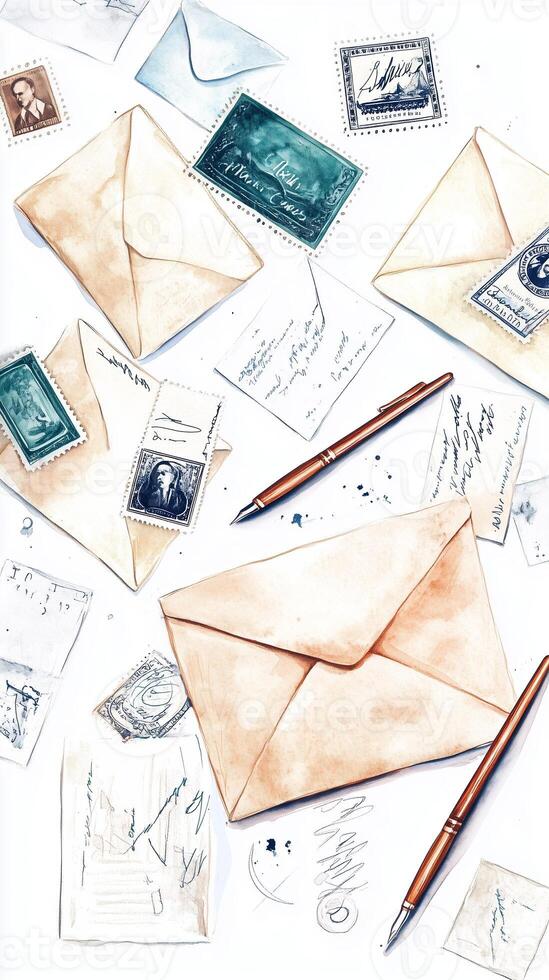 Collections of vintage envelopes and stamps scattered across a tabletop with pens and handwritten notes in a cozy setting photo