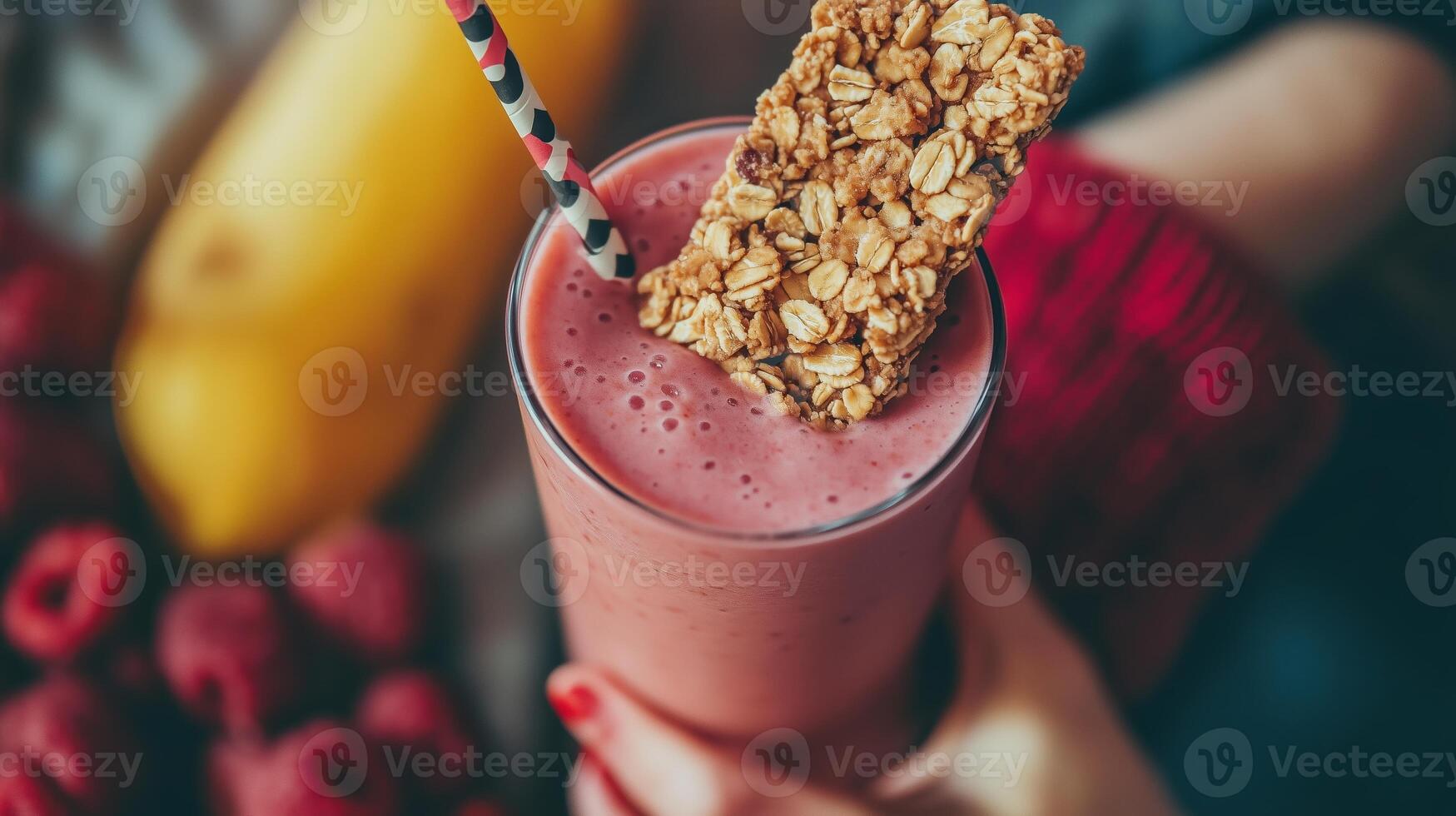 A refreshing berry smoothie topped with a granola bar, surrounded by fresh fruit, ideal for a healthy breakfast or snack photo