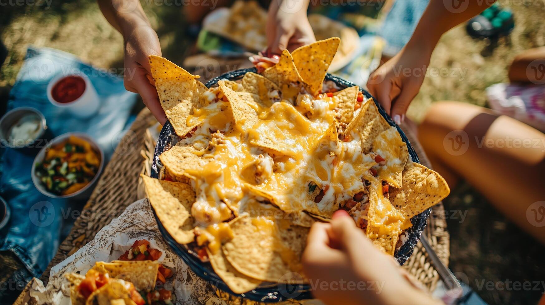 Gathering for a delicious nachos feast with friends on a sunny day in the park, enjoying summer vibes and tasty snacks together photo