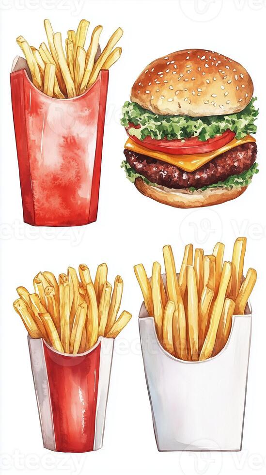 Colorful illustration of different fry containers and a hamburger with toppings, showcasing fast food items photo
