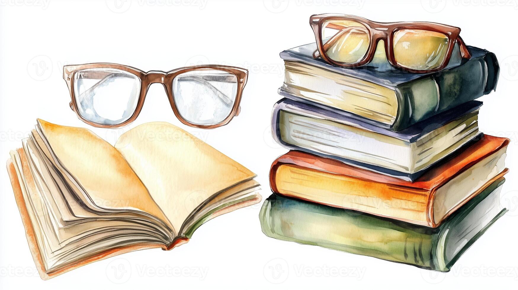 A stack of colorful books alongside an open book and a pair of glasses, ideal for inspiring reading and study sessions photo