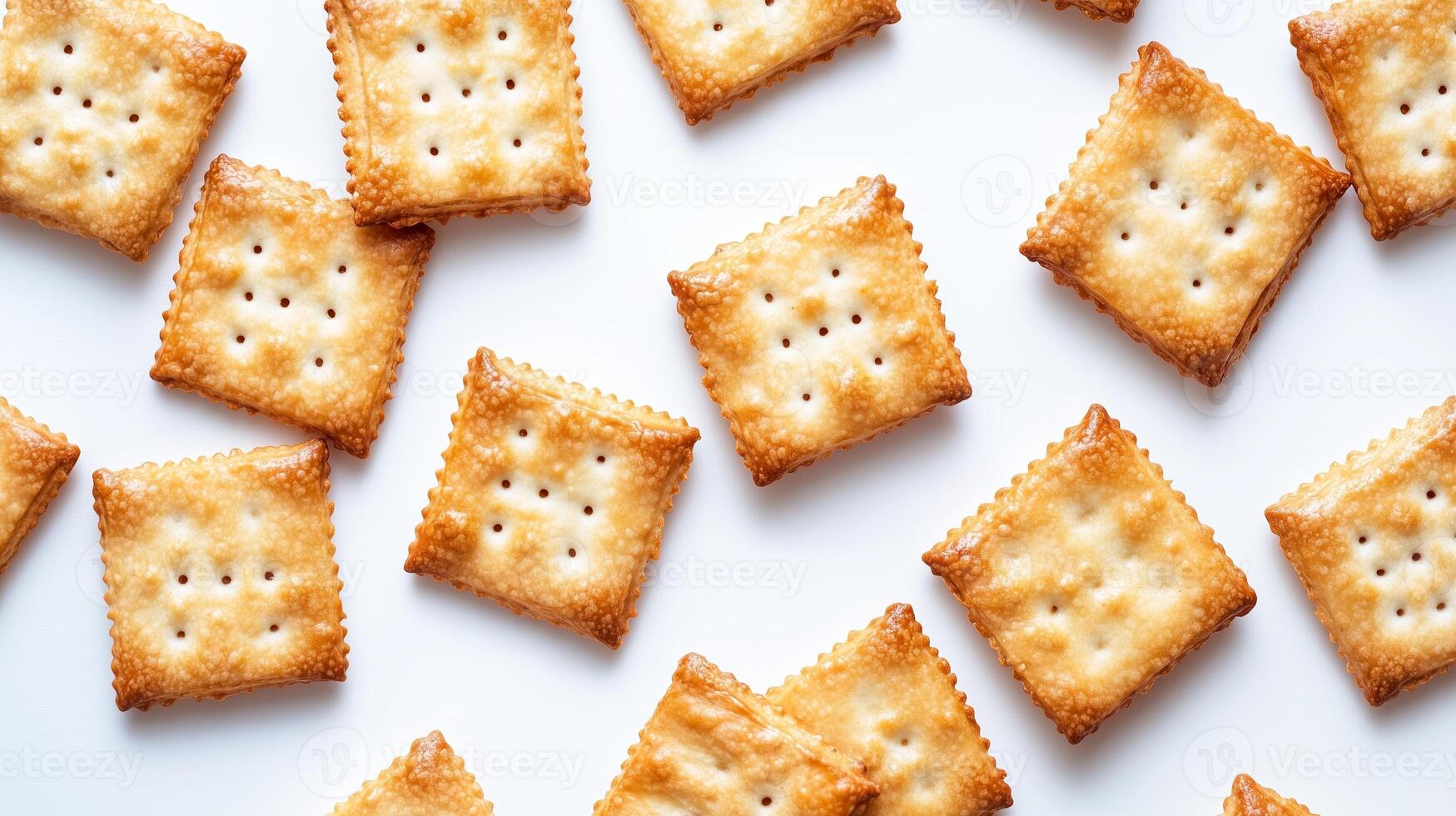Golden-brown crackers scattered on a white surface, showcasing their crispy texture and savory appearance in a casual arrangement photo