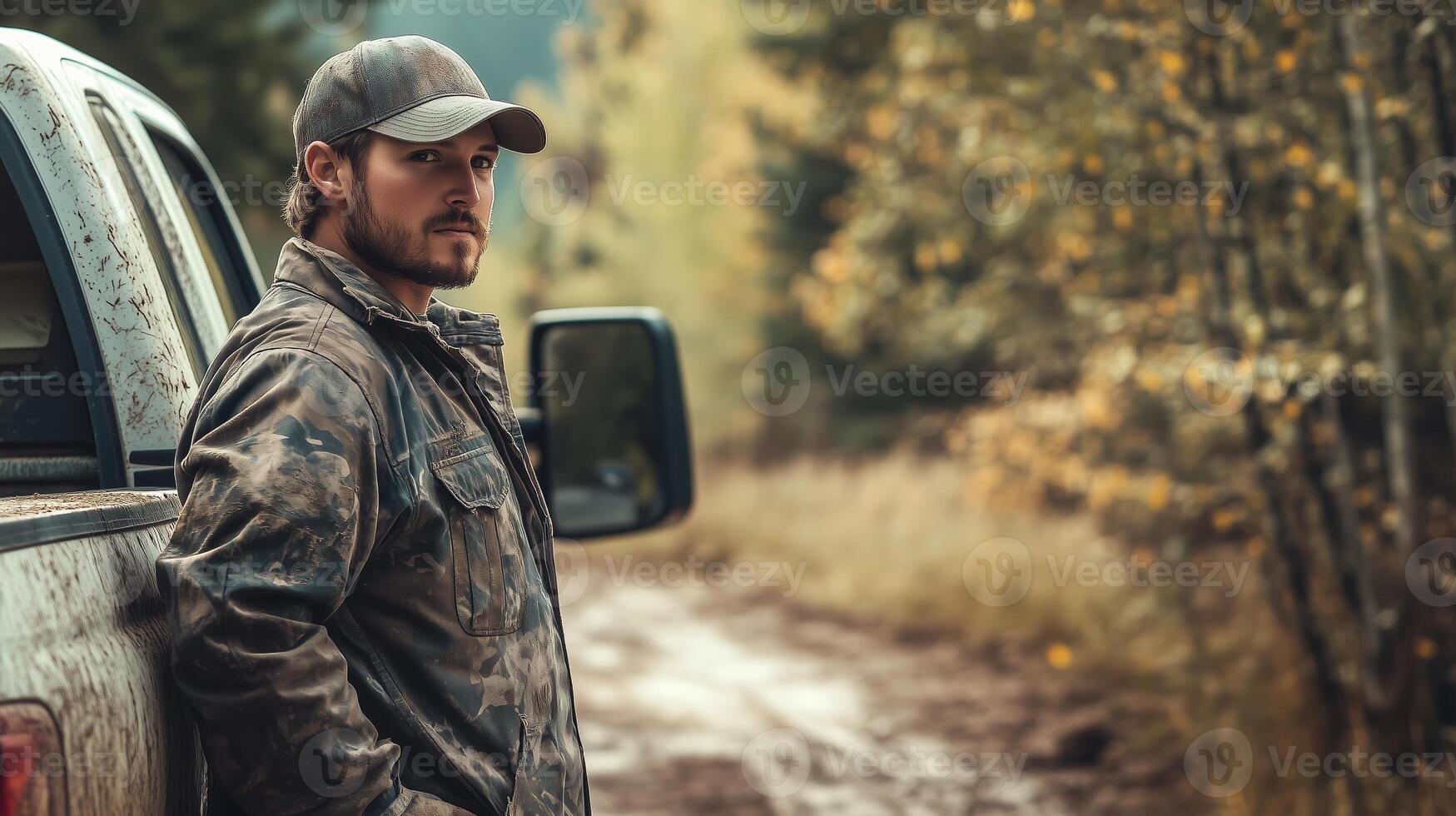 A man in a weathered jacket leans against a truck on a muddy road surrounded by autumn trees in the countryside photo