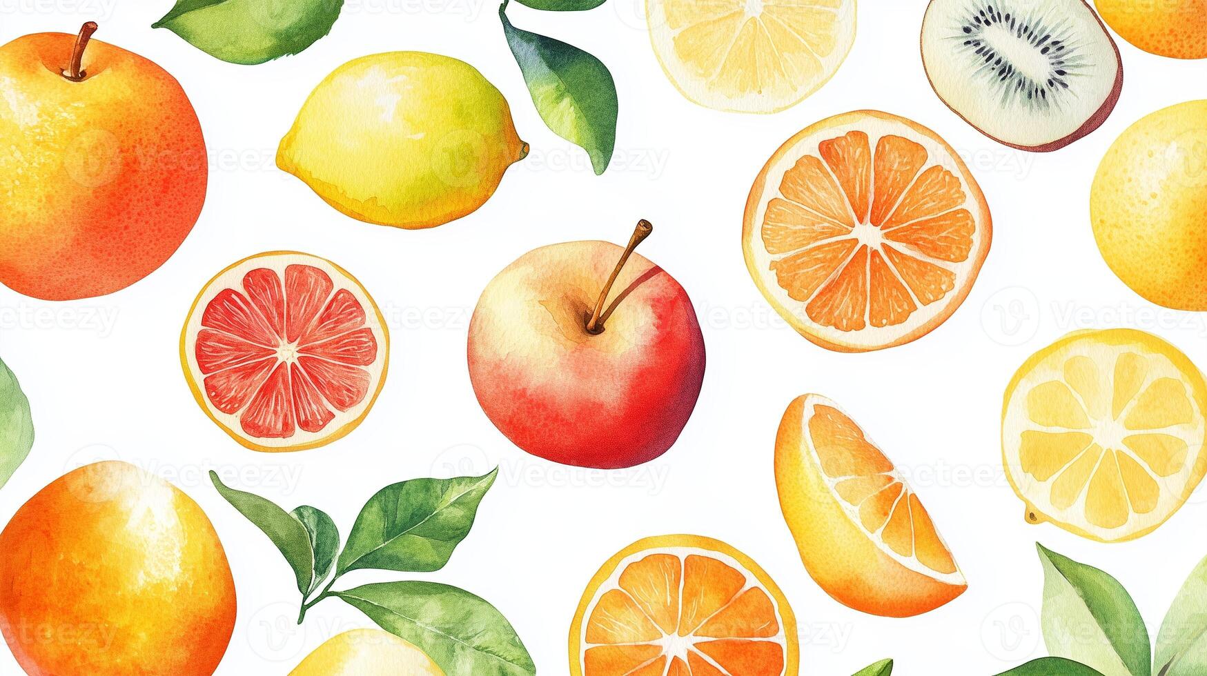 Colorful assortment of fruits on a bright background featuring oranges, lemons, and apples displayed artistically in vibrant hues photo