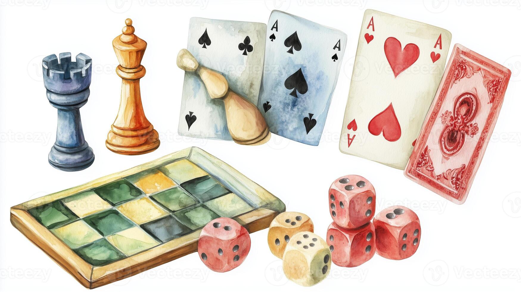 A colorful assortment of classic board games and playing cards arranged creatively on a white background photo