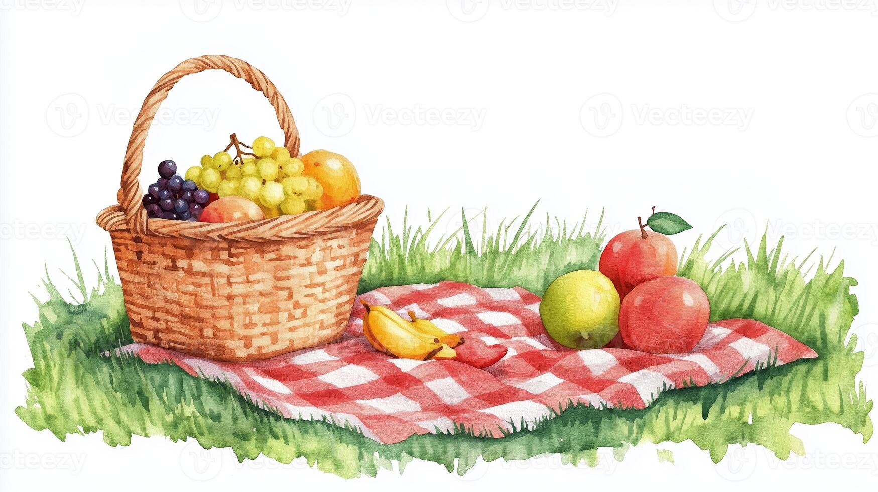 A colorful picnic basket filled with fruits on a red and white checkered blanket in a grassy setting, perfect for a sunny day outdoors photo