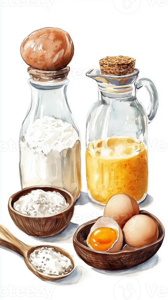Ingredients for fresh baking including eggs, flour, and a jar of liquid in a cozy kitchen setting during daylight photo