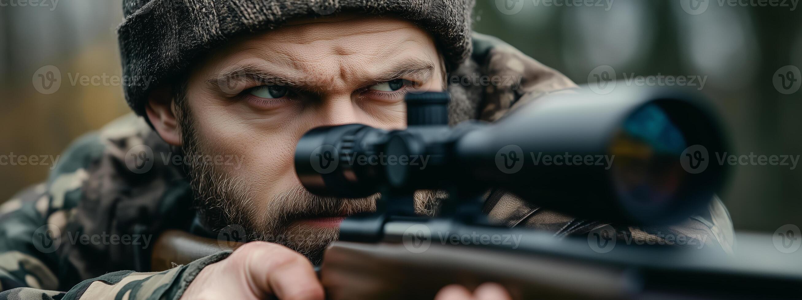 Hunter aiming with a scoped rifle during a calm autumn day in a forested area photo