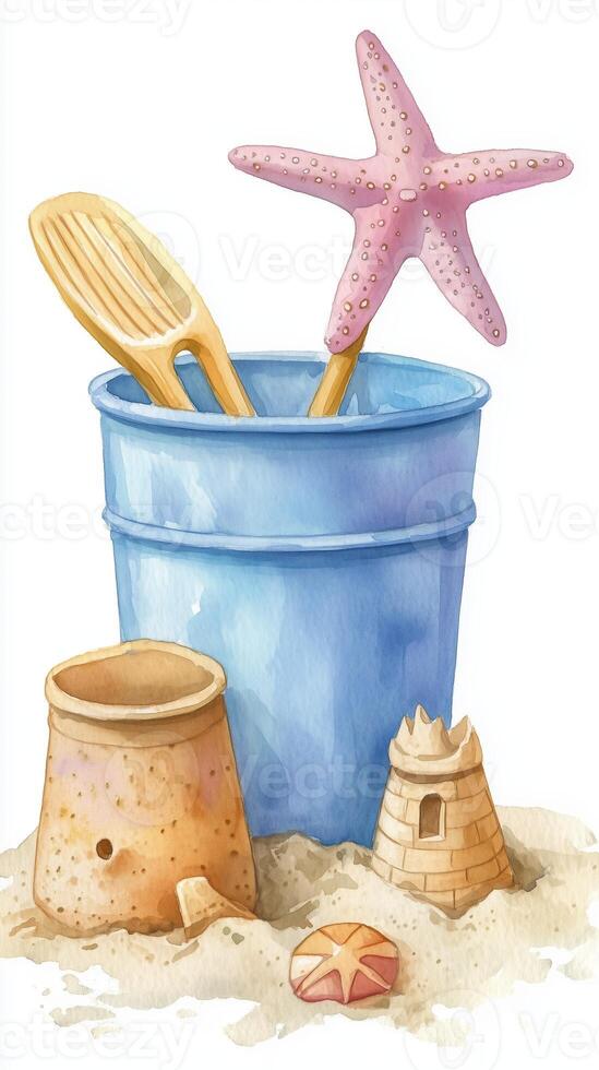 Colorful beach toys including a starfish and sandcastle in a blue bucket on the sandy shore during a sunny day photo