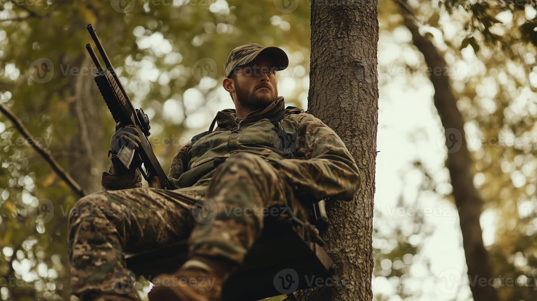 A hunter perched on a tree stand in a forest, observing surroundings with a rifle during the early morning hours photo